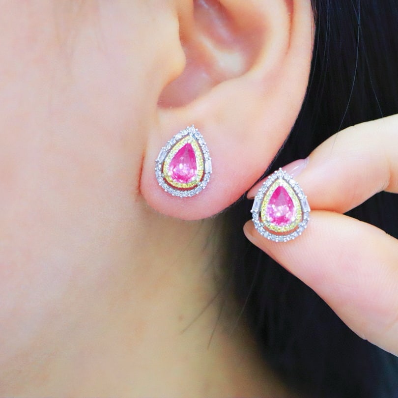 14k Gold 1.94 Ctw Natural Padparadscha Sapphire & Diamond Earrings - 4