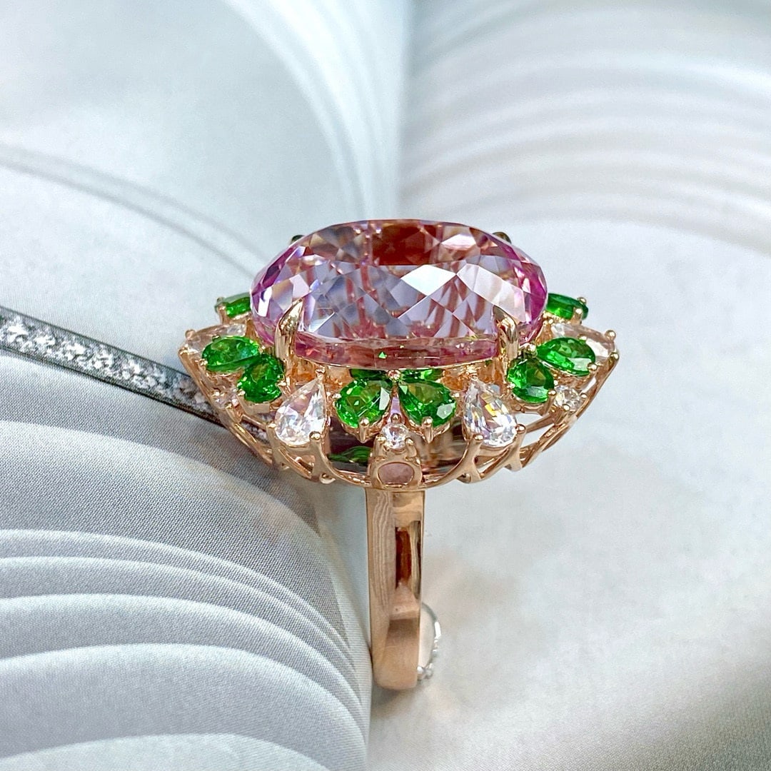 14k Gold 29.13 Ctw Natural Kunzite & Sapphire & Tsavorite Ring - 2