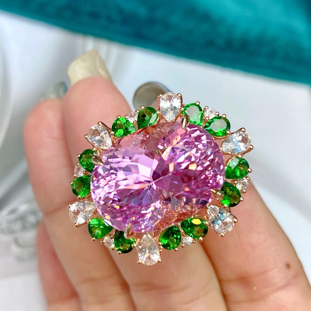 14k Gold 29.13 Ctw Natural Kunzite & Sapphire & Tsavorite Ring - 5