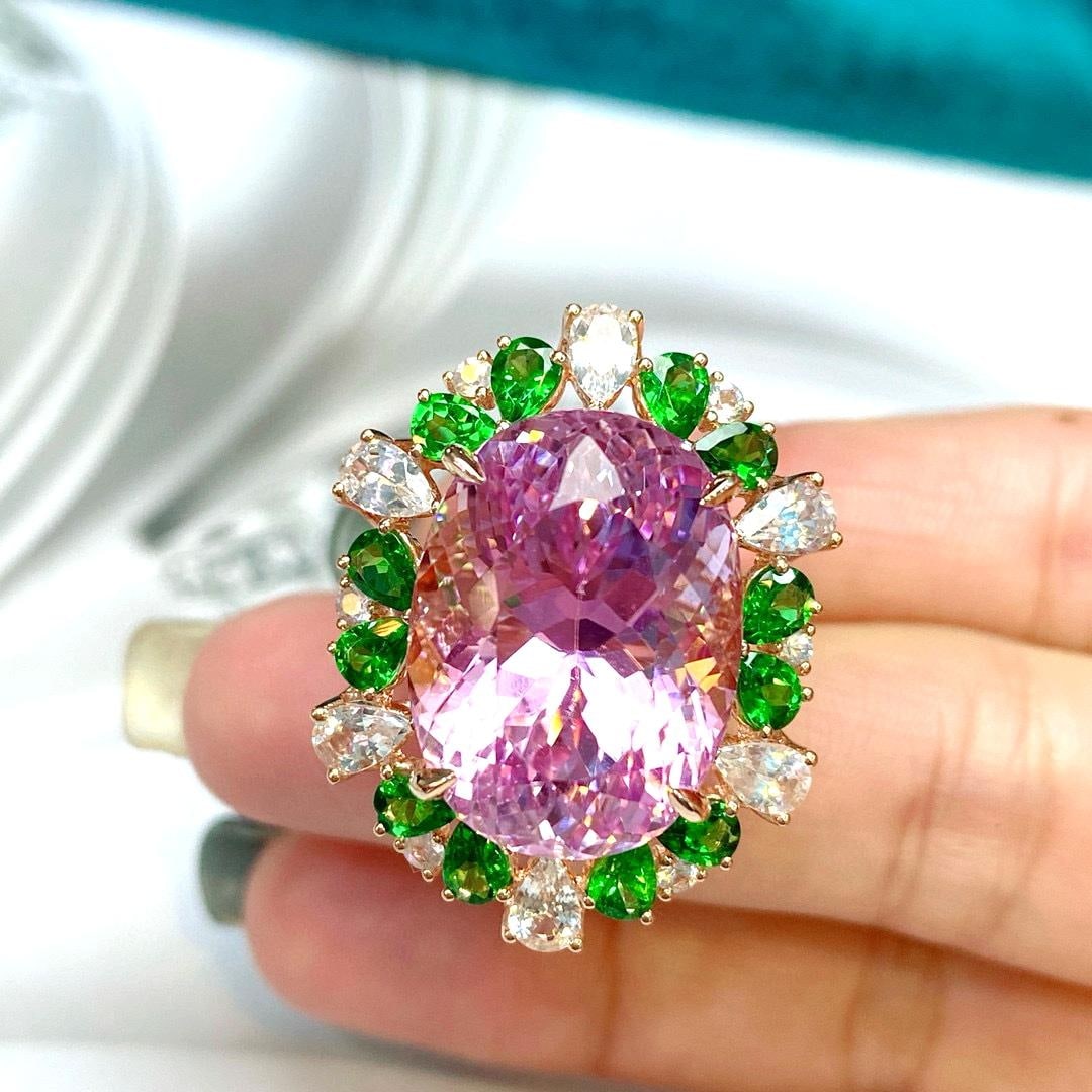 14k Gold 29.13 Ctw Natural Kunzite & Sapphire & Tsavorite Ring - 6