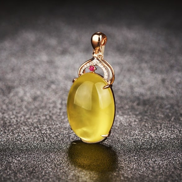 14k Gold 23.66 Ct Natural Prehnite & Diamond & Ruby Pendant( Without Chain ) - 3