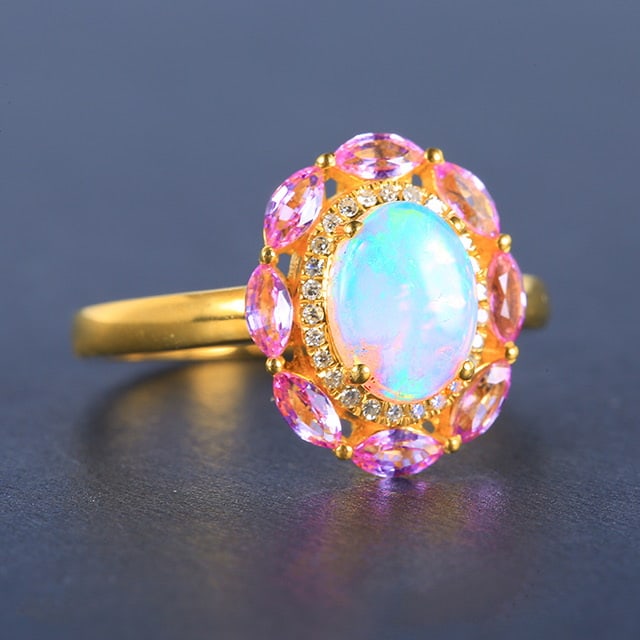 14k Gold 1.55 Ctw Natural Opal & Sapphire Ring - 2