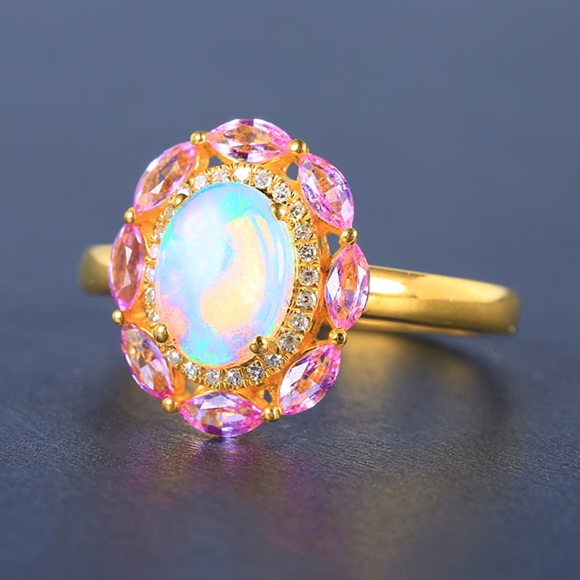 14k Gold 1.55 Ctw Natural Opal & Sapphire Ring - 3