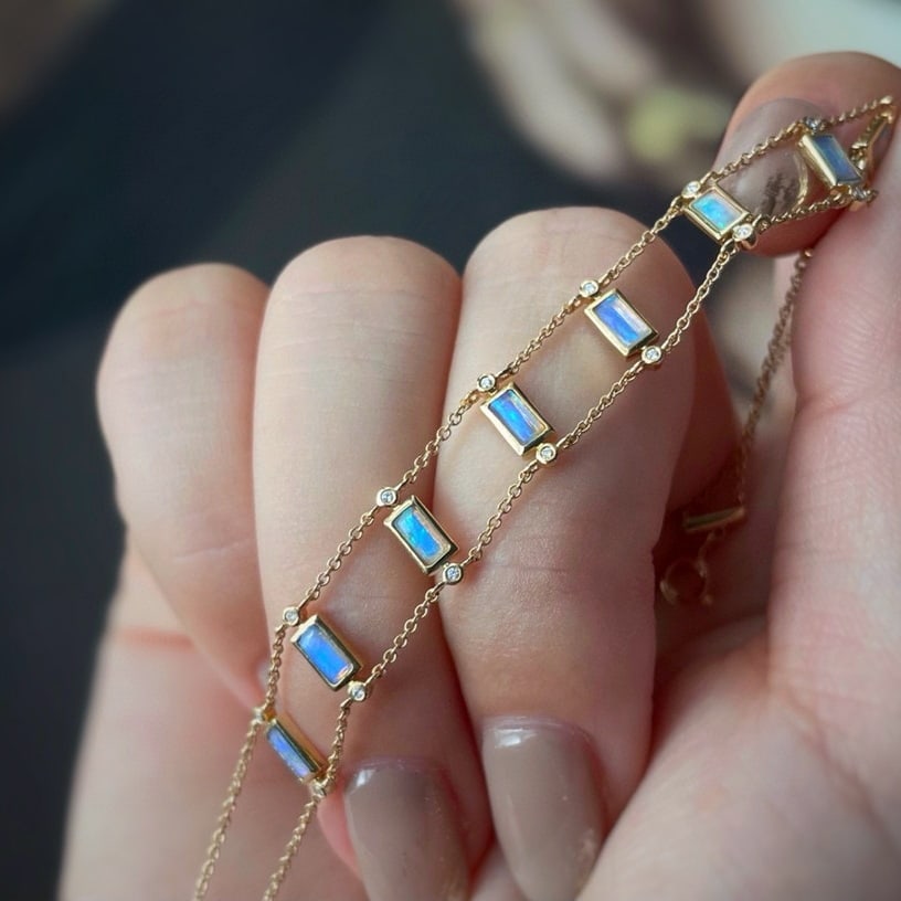 14k Gold 0.6 Ct Natural Opal & Diamond Bracelet - 2