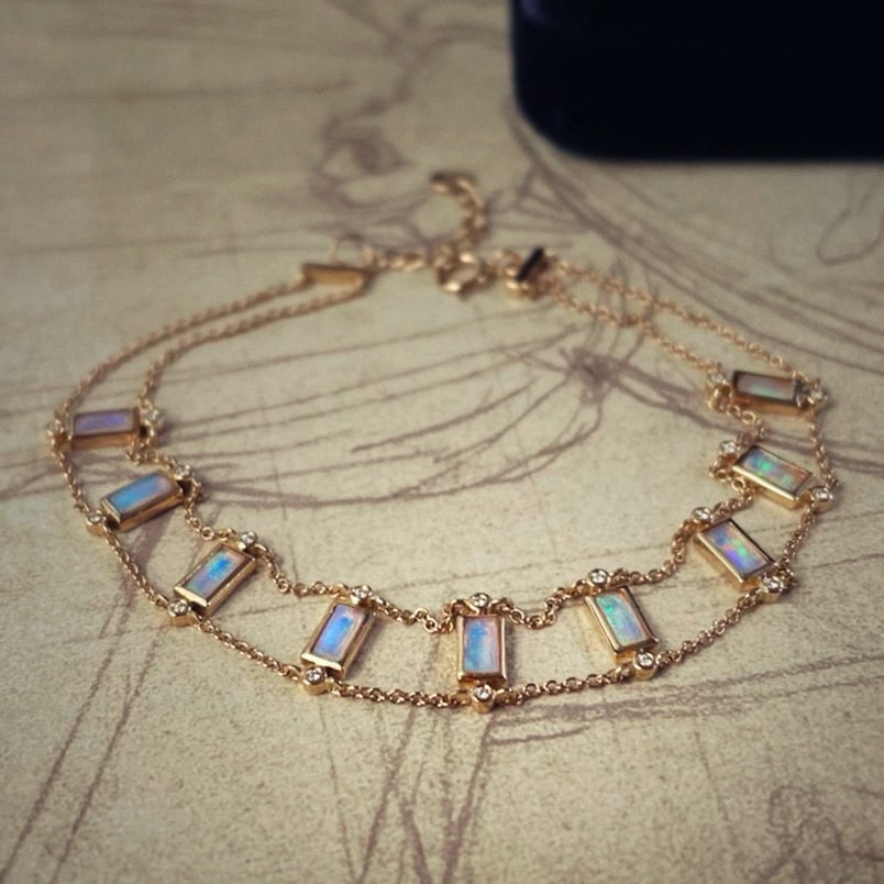 14k Gold 0.6 Ct Natural Opal & Diamond Bracelet - 3