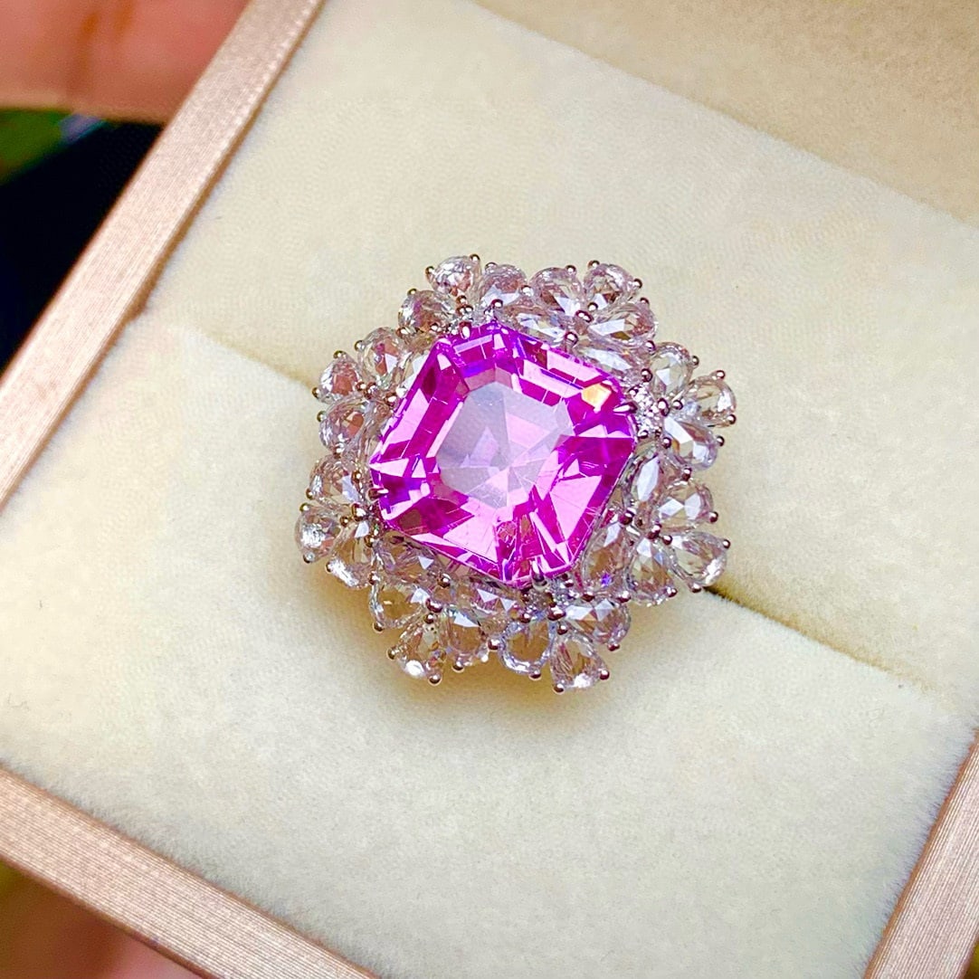 14k Gold 9.3 Ct Natural Kunzite & Diamond & Sapphire Ring - 6