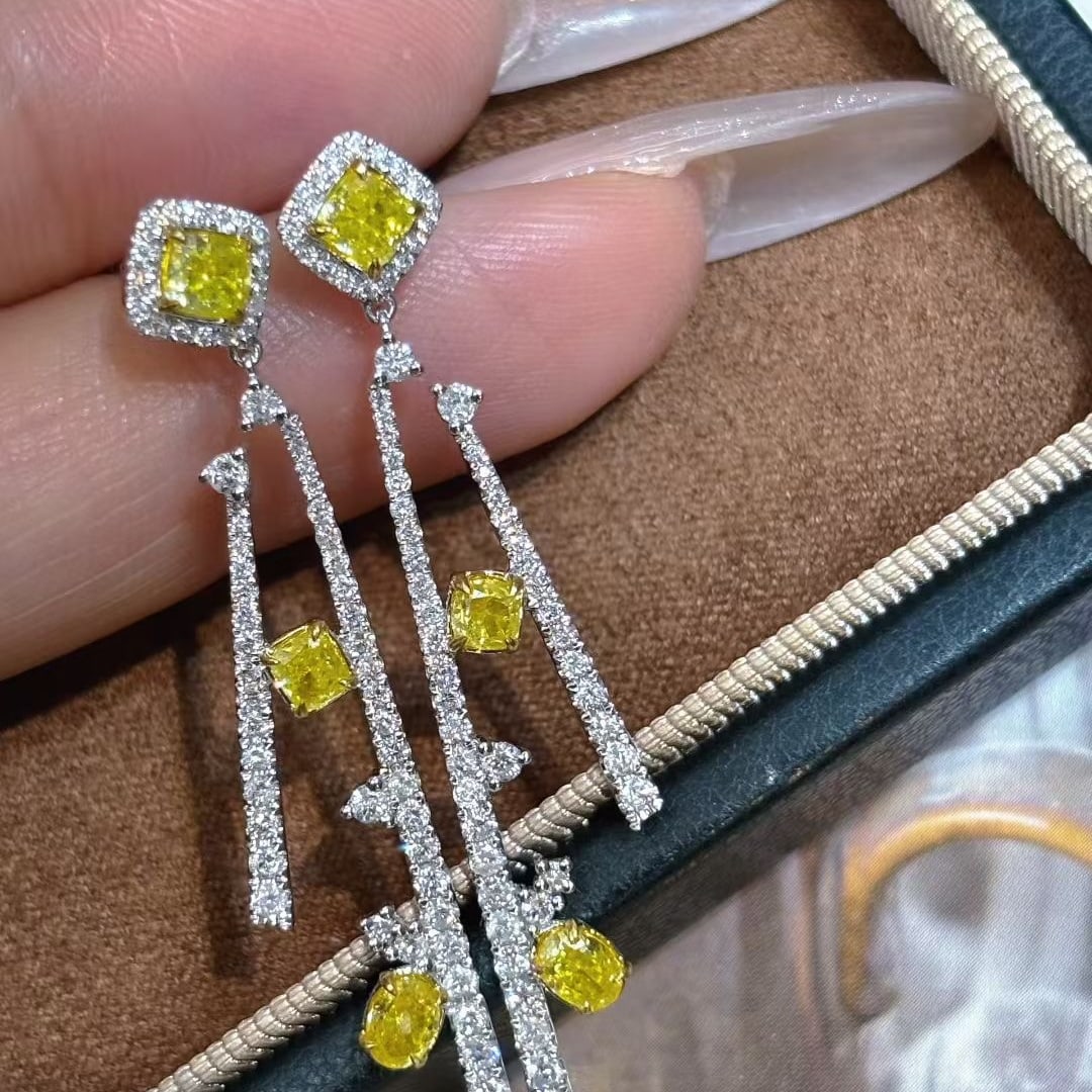 14k Gold 2.5 Ct Natural Yellow Diamond & Diamond Earrings - 2