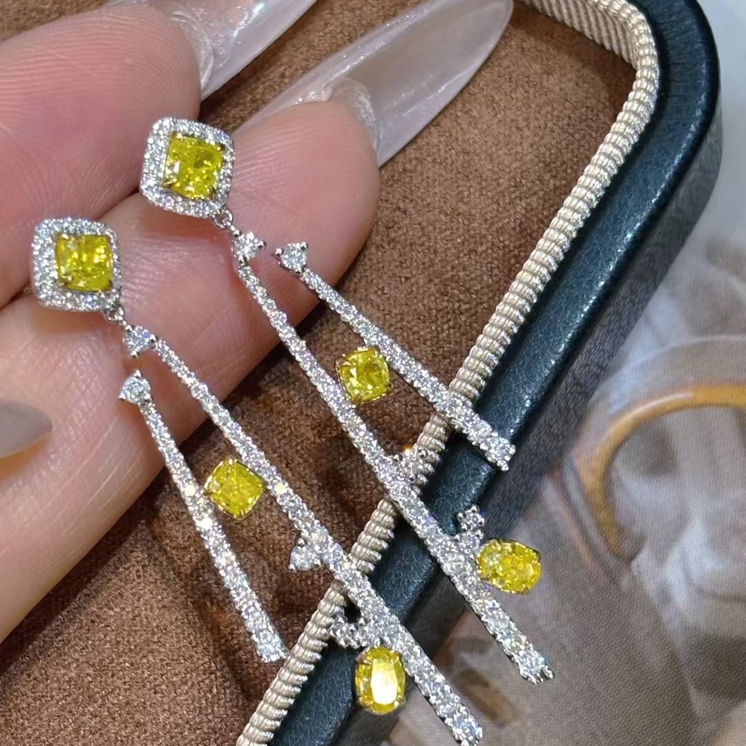 14k Gold 2.5 Ct Natural Yellow Diamond & Diamond Earrings - 6