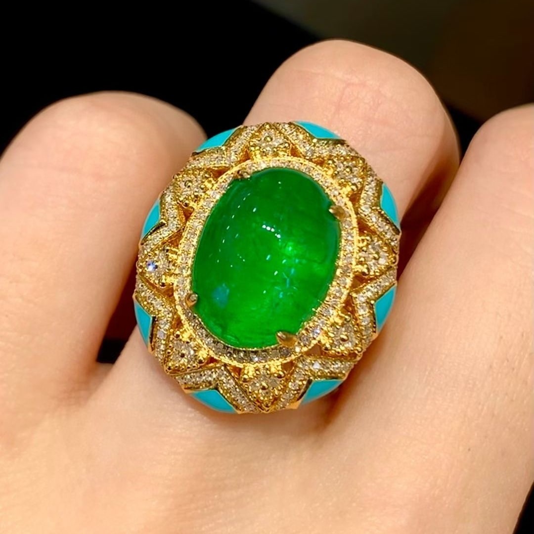 14k Gold 5.7 Ct Vivid Green Natural Emerald & Diamond Ring - 6