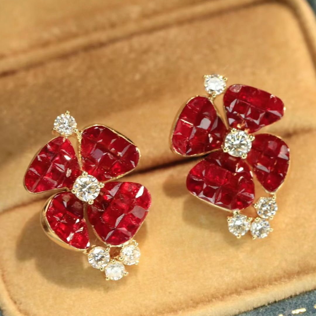 14k Gold 3.38 Ctw Natural Ruby & Diamond Earrings - 4