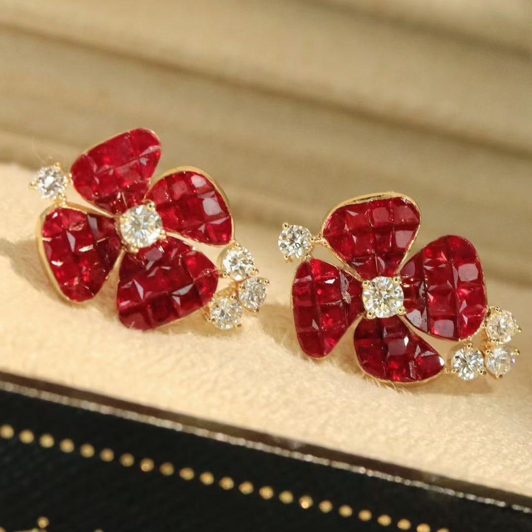 14k Gold 3.38 Ctw Natural Ruby & Diamond Earrings - 8