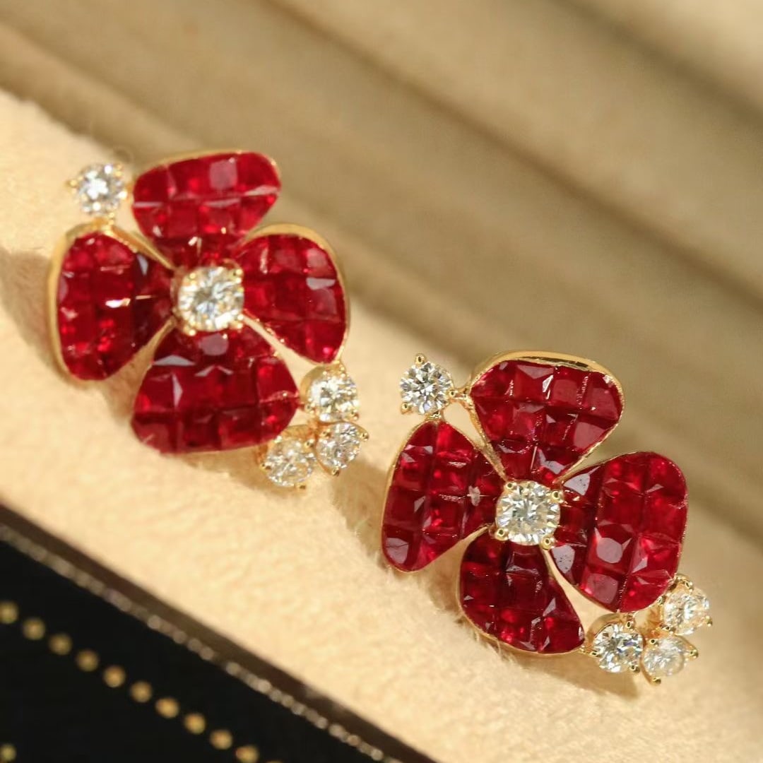 14k Gold 3.38 Ctw Natural Ruby & Diamond Earrings - 9
