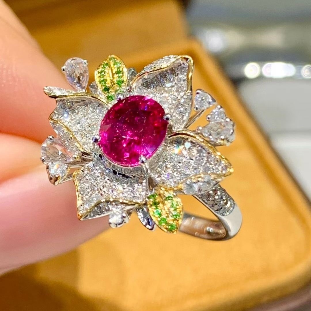 14k Gold 1.3 Ct Natural Ruby & Diamond & Tsavorite Ring - 3