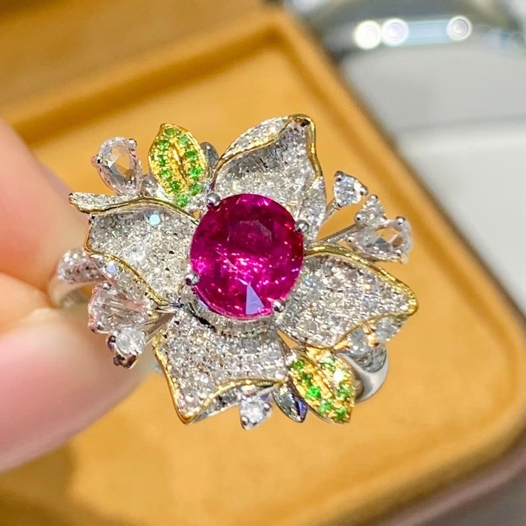 14k Gold 1.3 Ct Natural Ruby & Diamond & Tsavorite Ring - 4