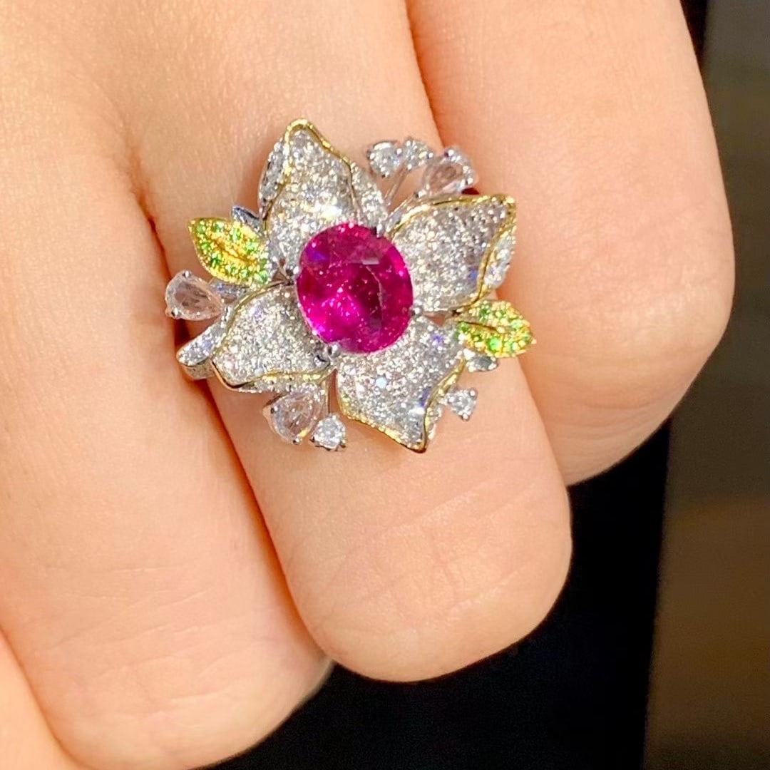 14k Gold 1.3 Ct Natural Ruby & Diamond & Tsavorite Ring - 5