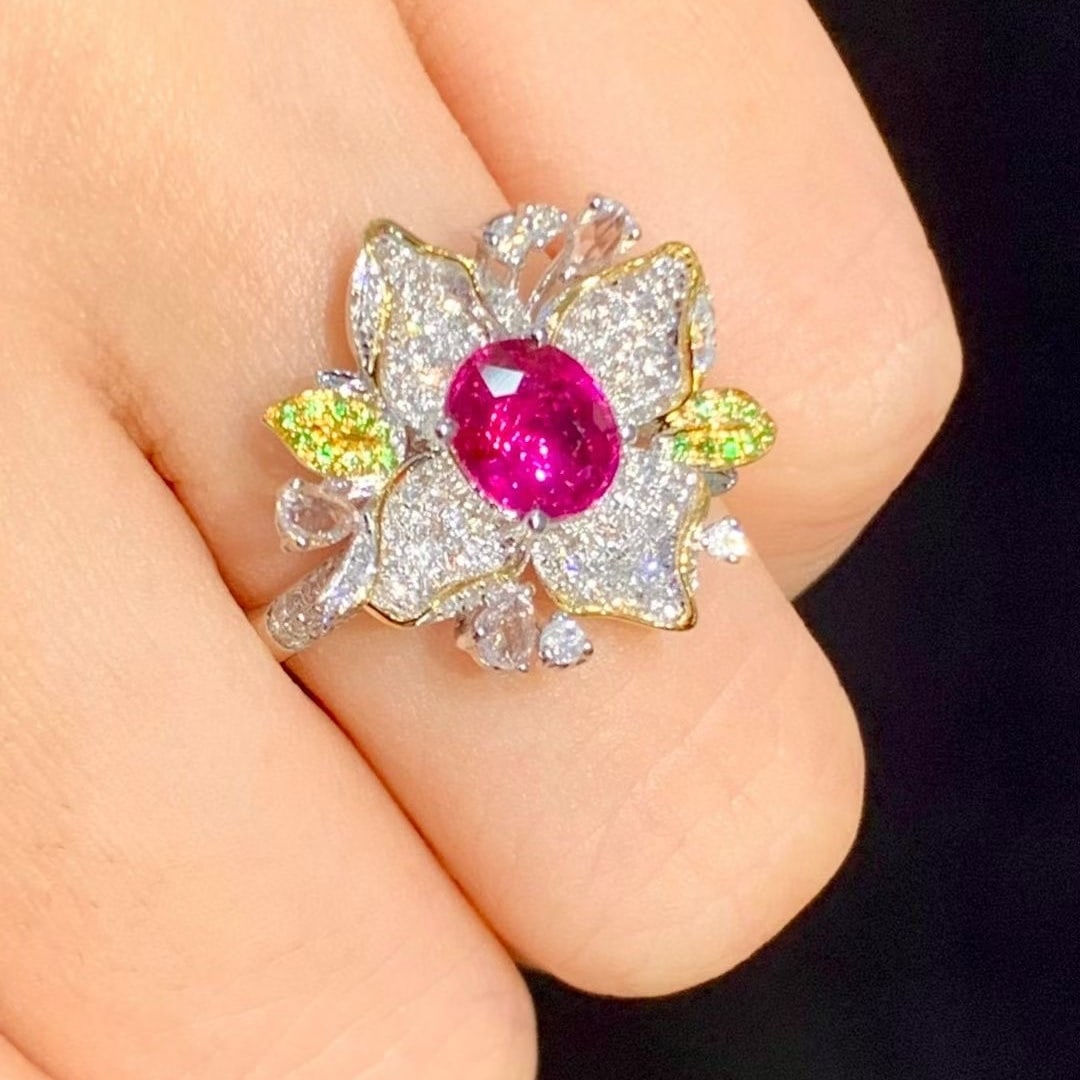 14k Gold 1.3 Ct Natural Ruby & Diamond & Tsavorite Ring - 6