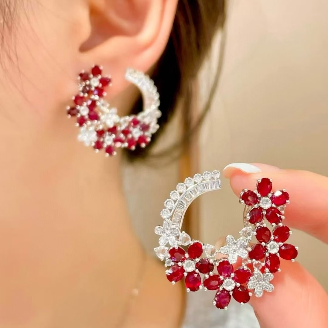 14k Gold 7 Ct Natural Ruby & Diamond & Sapphire Earrings - 4