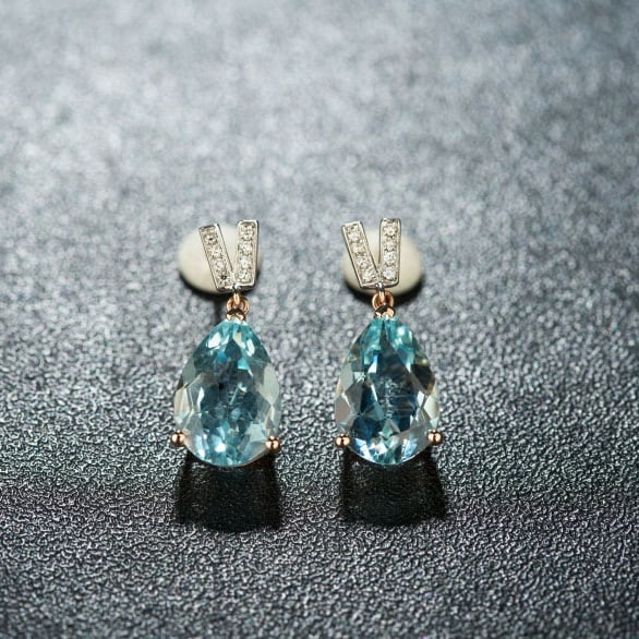 14k Gold 3.43 Ct Natural Aquamarine & Diamond Earrings - 2