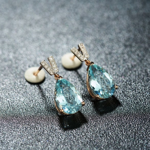 14k Gold 3.43 Ct Natural Aquamarine & Diamond Earrings - 3