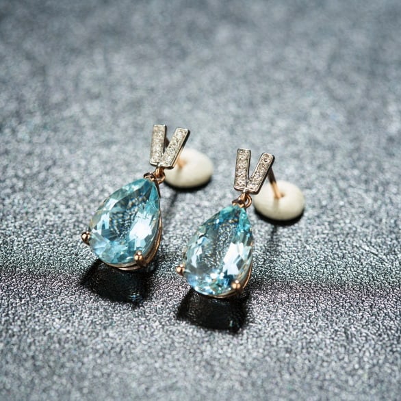 14k Gold 3.43 Ct Natural Aquamarine & Diamond Earrings - 4