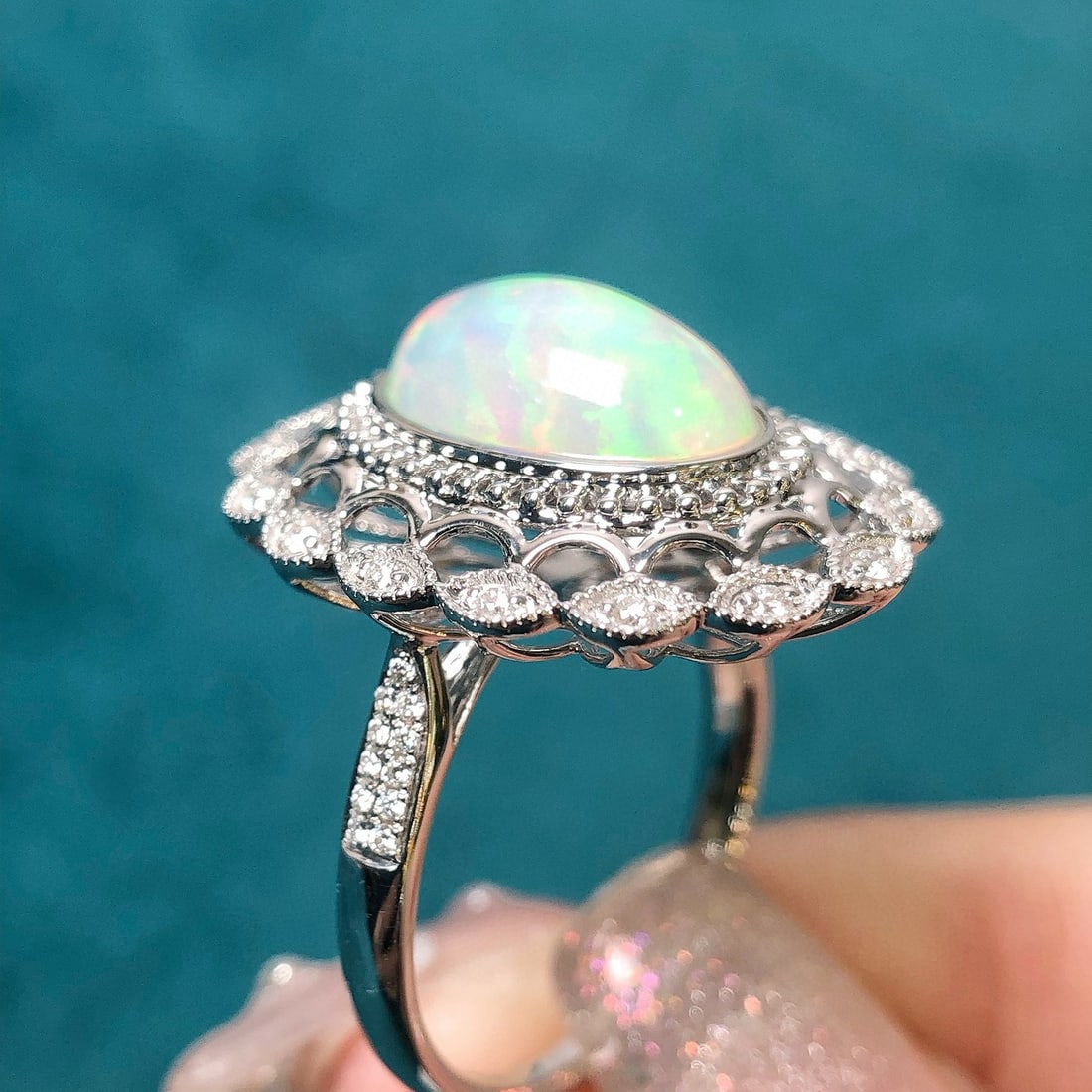 14k Gold 2.59 Ctw Natural Opal & Diamond Ring - 2