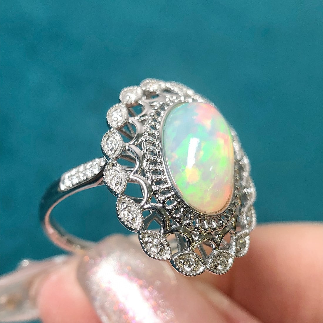 14k Gold 2.59 Ctw Natural Opal & Diamond Ring - 8