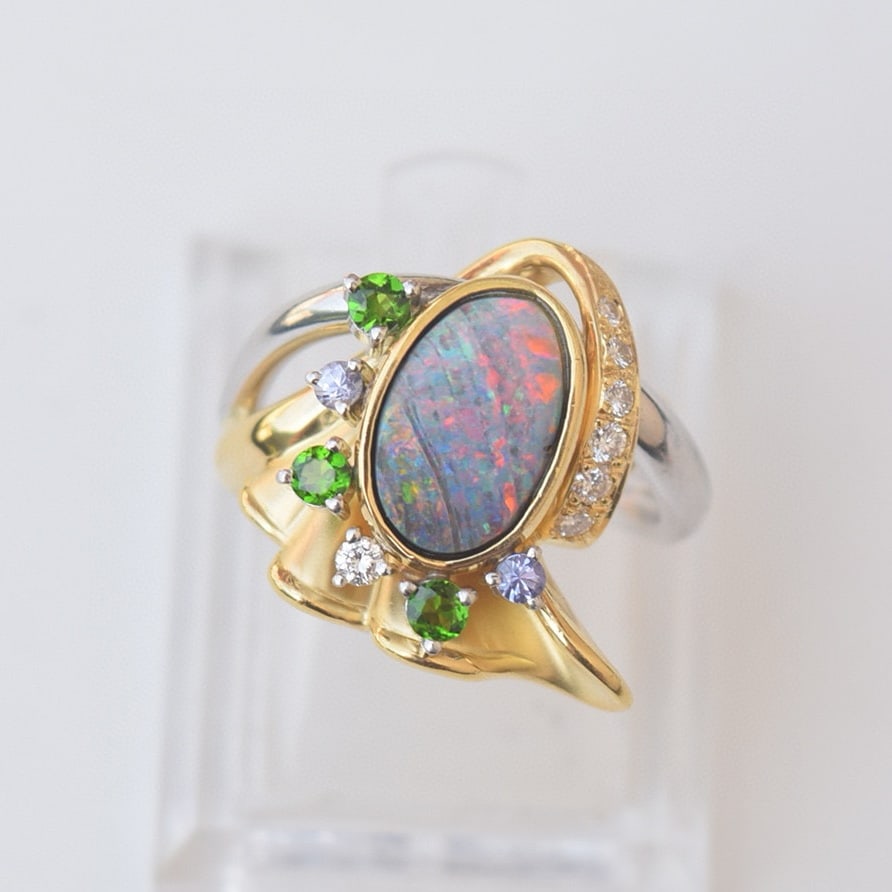 14k Gold 2.75 Ctw Natural Opal & Tourmaline & Tanzanite & Diamond Ring - 2