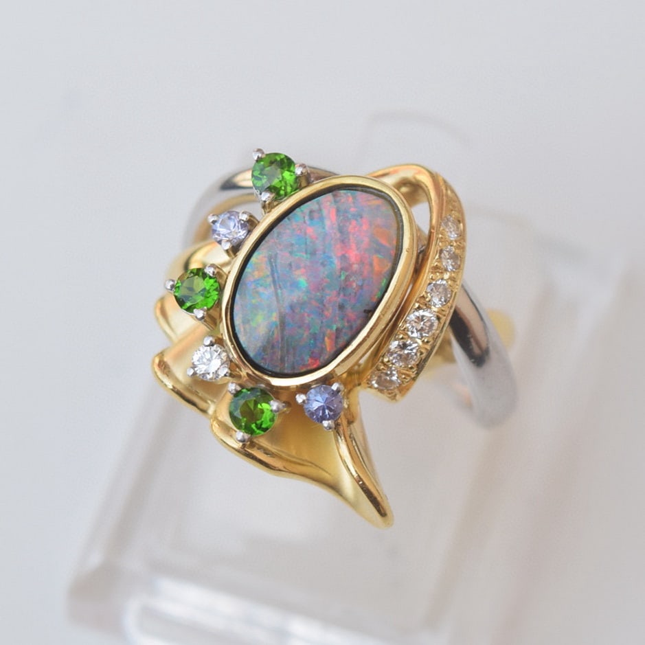 14k Gold 2.75 Ctw Natural Opal & Tourmaline & Tanzanite & Diamond Ring - 3