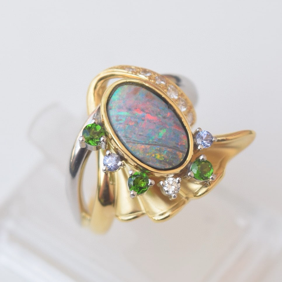 14k Gold 2.75 Ctw Natural Opal & Tourmaline & Tanzanite & Diamond Ring - 4