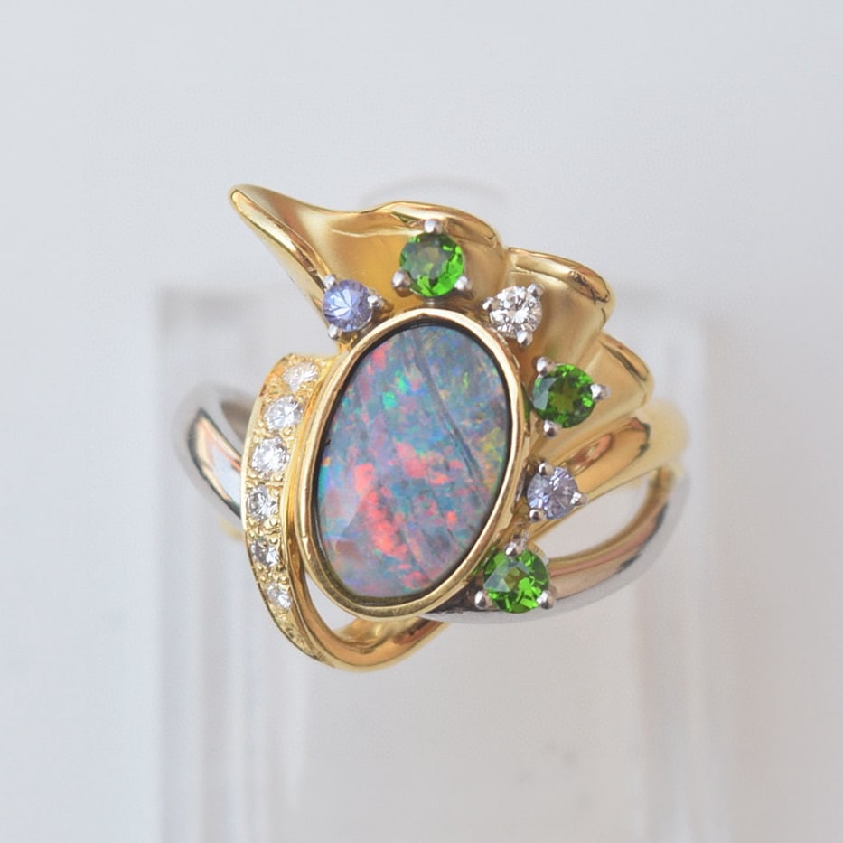 14k Gold 2.75 Ctw Natural Opal & Tourmaline & Tanzanite & Diamond Ring - 5