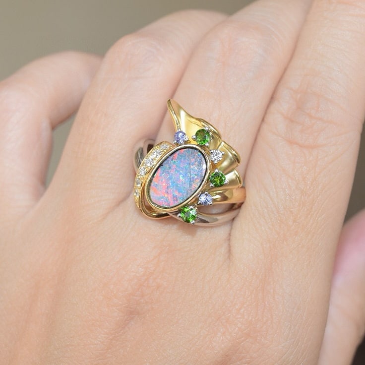 14k Gold 2.75 Ctw Natural Opal & Tourmaline & Tanzanite & Diamond Ring - 6