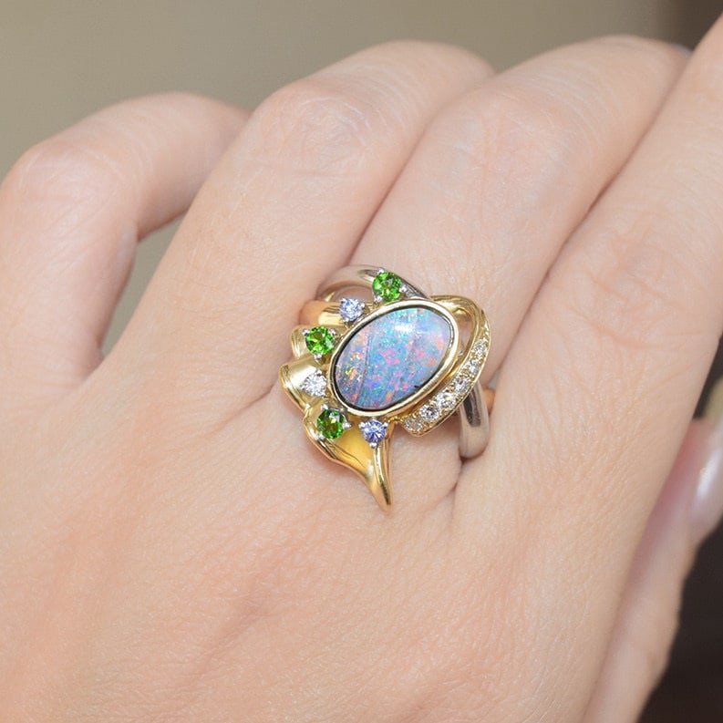 14k Gold 2.75 Ctw Natural Opal & Tourmaline & Tanzanite & Diamond Ring - 7
