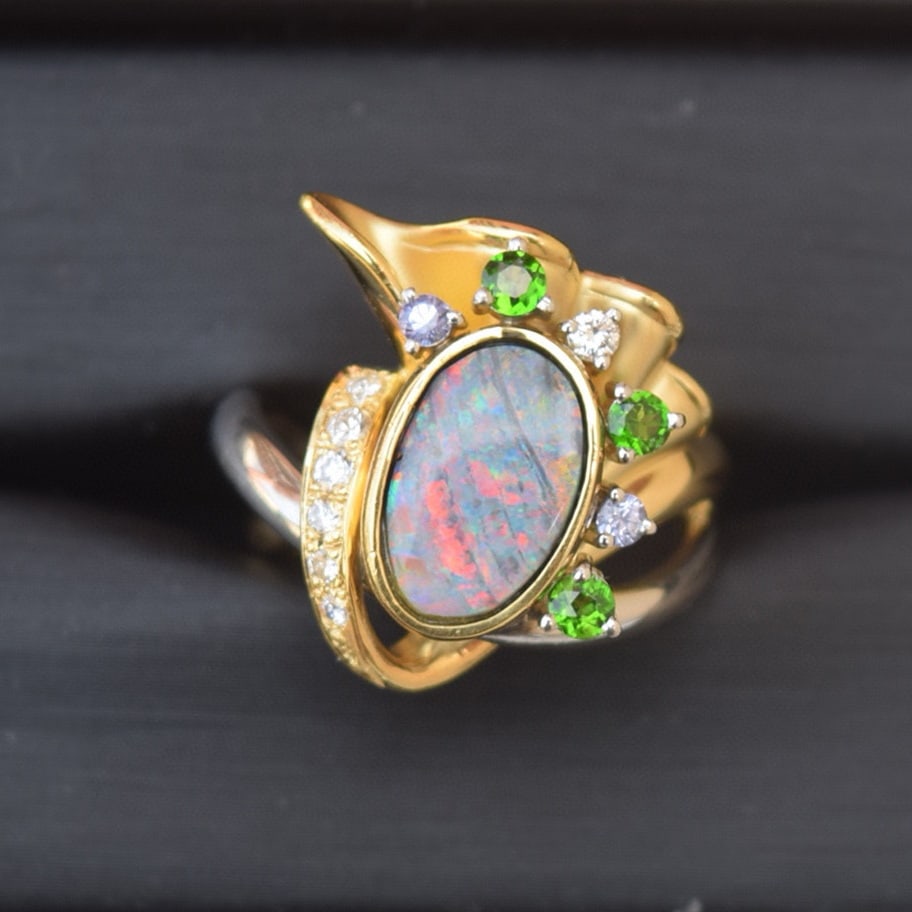 14k Gold 2.75 Ctw Natural Opal & Tourmaline & Tanzanite & Diamond Ring - 8