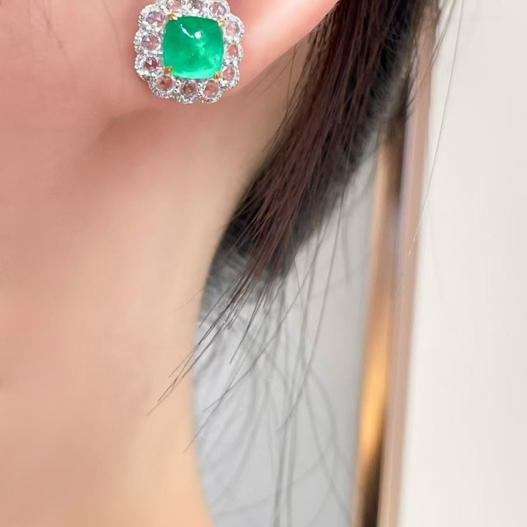 14k Gold 3.23 Ct Natural Emerald & Diamond & Sapphire Earrings - 2