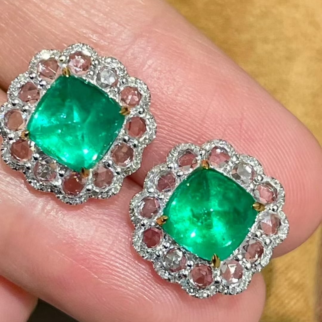 14k Gold 3.23 Ct Natural Emerald & Diamond & Sapphire Earrings - 4