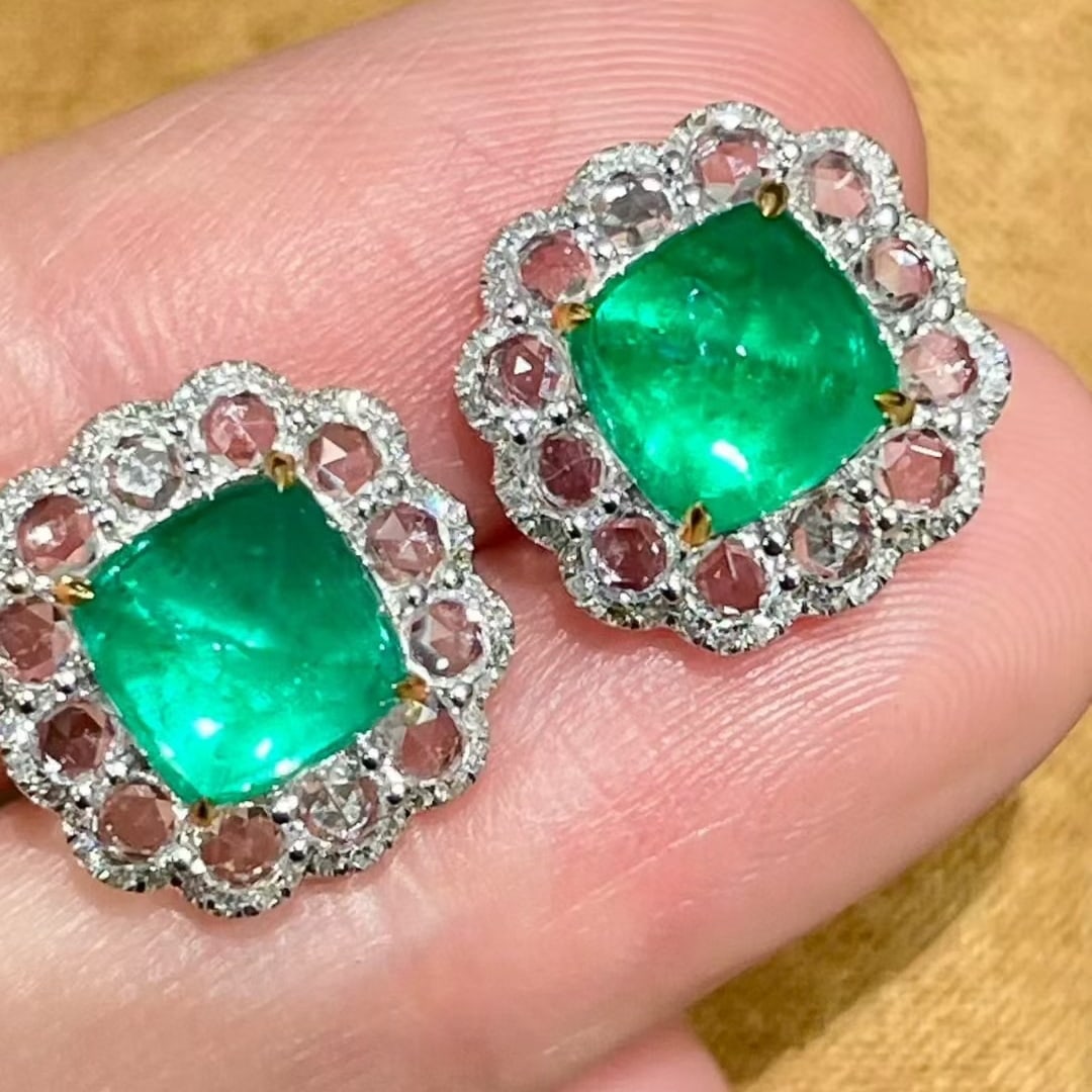 14k Gold 3.23 Ct Natural Emerald & Diamond & Sapphire Earrings - 5