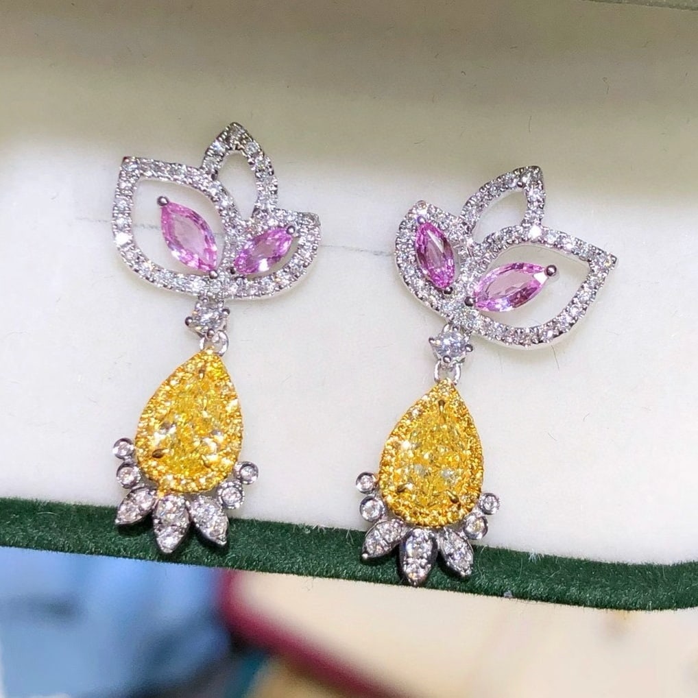 14k Gold 1.39 Ctw Natural Yellow Diamond & Diamond Earrings - 2