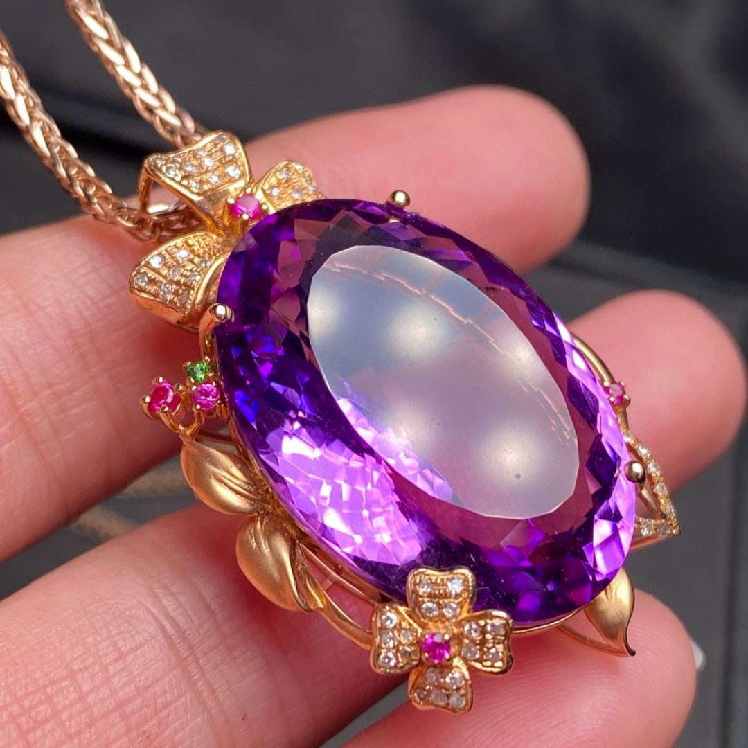 14k Gold 32.05 Ct Natural Amethyst & Diamond Pendant( Without Chain ) - 3