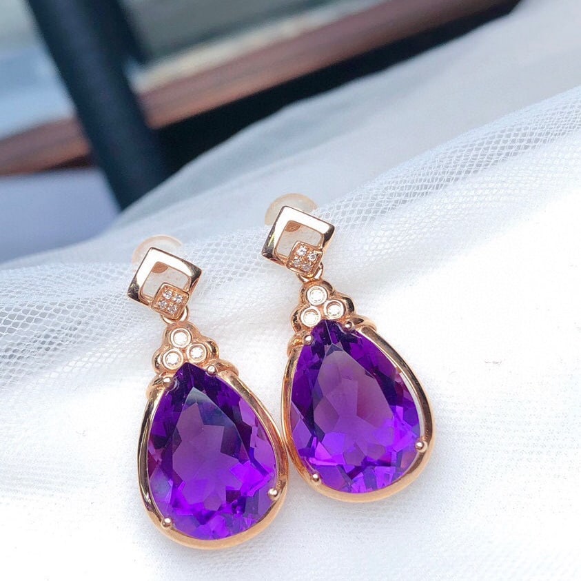 14k Gold 10.05 Ct Natural Amethyst & Diamond Earrings - 6