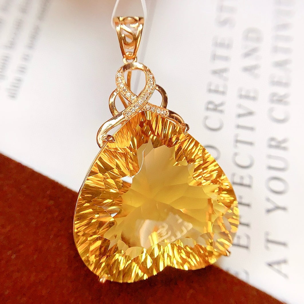 14k Gold 44.45 Ct Natural Citrine & Diamond Pendant( Without Chain ) - 2