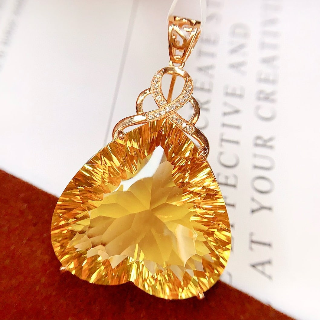 14k Gold 44.45 Ct Natural Citrine & Diamond Pendant( Without Chain ) - 5