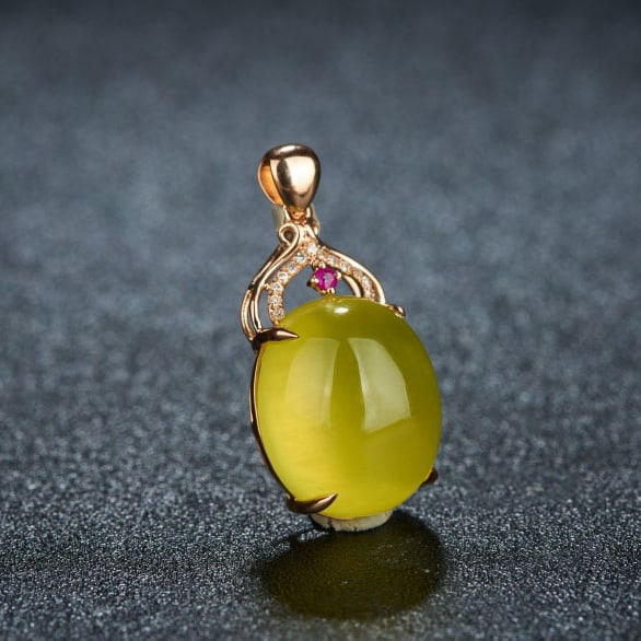 14k Gold 15.0 Ct Natural Prehnite & Diamond & Ruby Pendant( Without Chain ) - 2