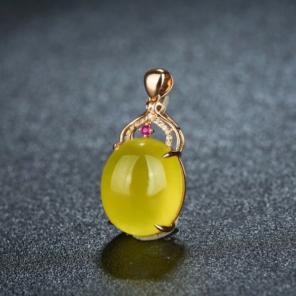 14k Gold 15.0 Ct Natural Prehnite & Diamond & Ruby Pendant( Without Chain ) - 3