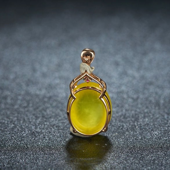 14k Gold 15.0 Ct Natural Prehnite & Diamond & Ruby Pendant( Without Chain ) - 4