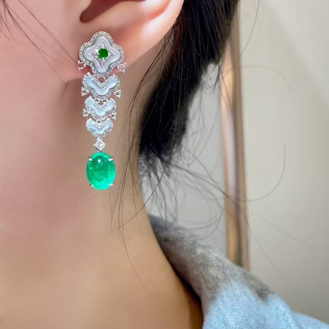 14k Gold 4 Ct Natural Emerald & Diamond & Sapphire & Tsavorite Earrings - 3
