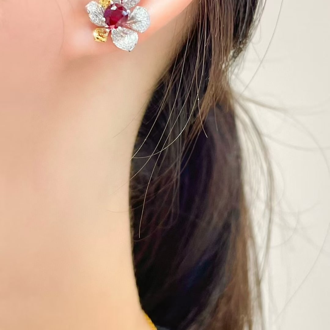 14k Gold 1.66 Ct Natural Ruby & Diamond Earrings - 2