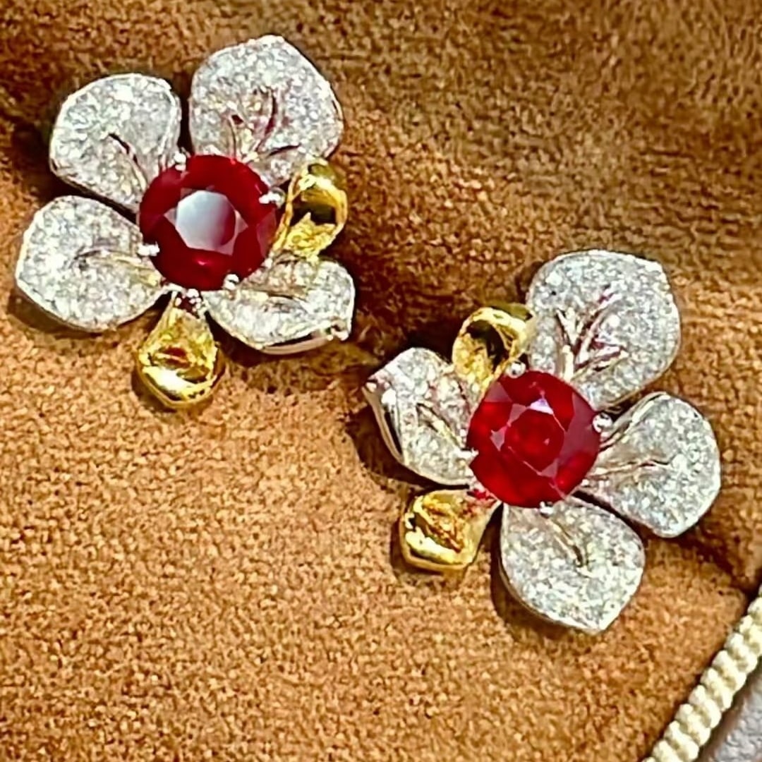 14k Gold 1.66 Ct Natural Ruby & Diamond Earrings - 3