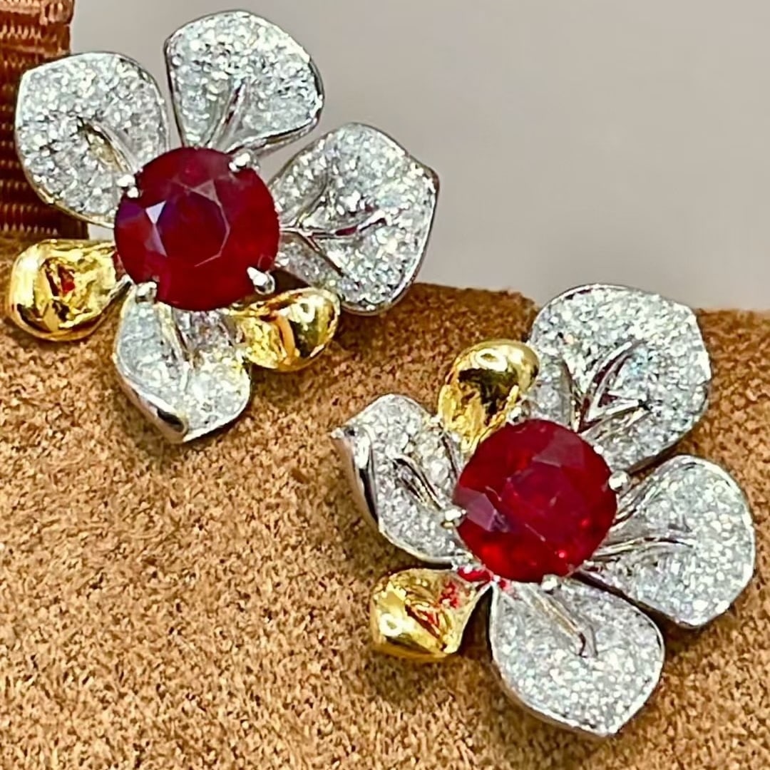 14k Gold 1.66 Ct Natural Ruby & Diamond Earrings - 4