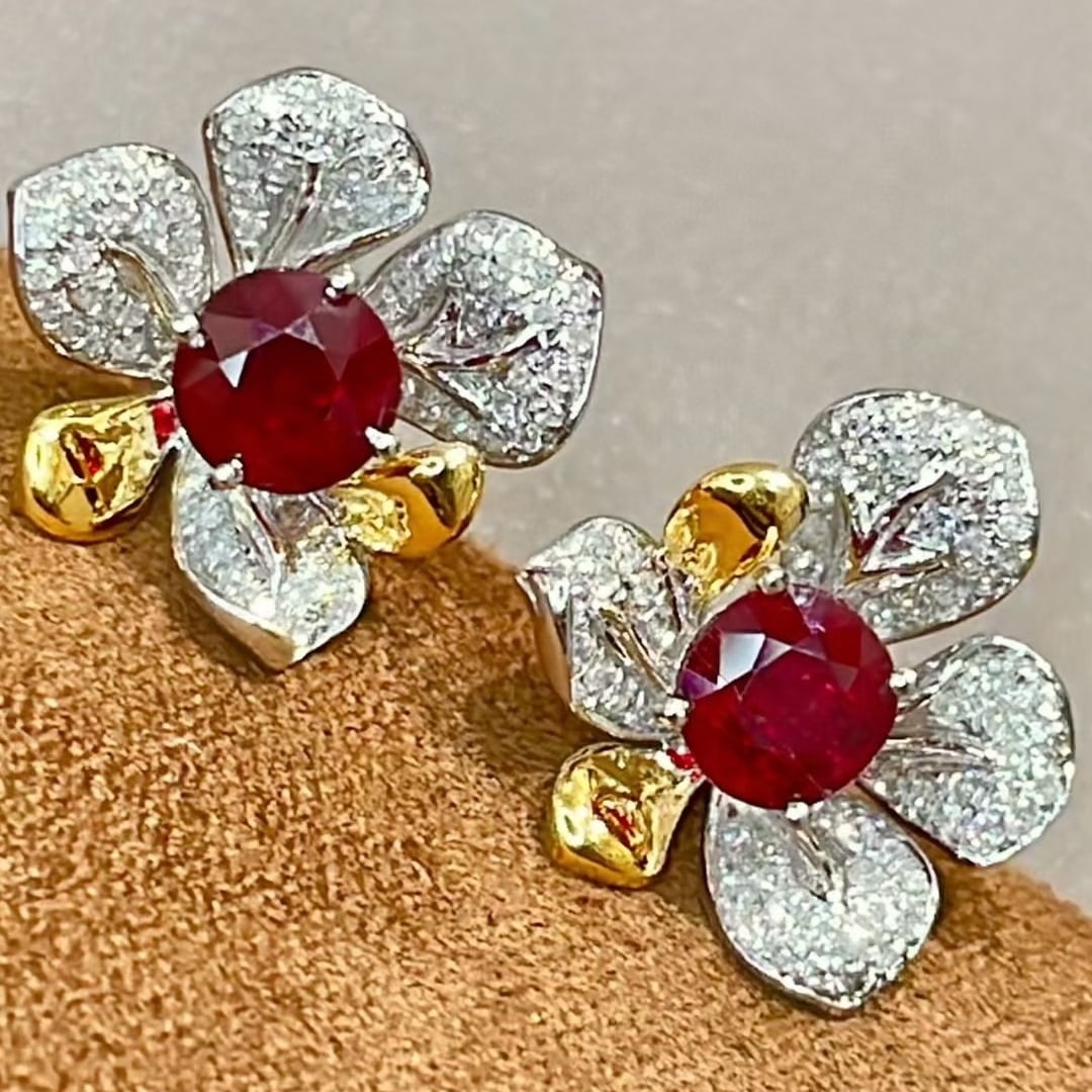 14k Gold 1.66 Ct Natural Ruby & Diamond Earrings - 5