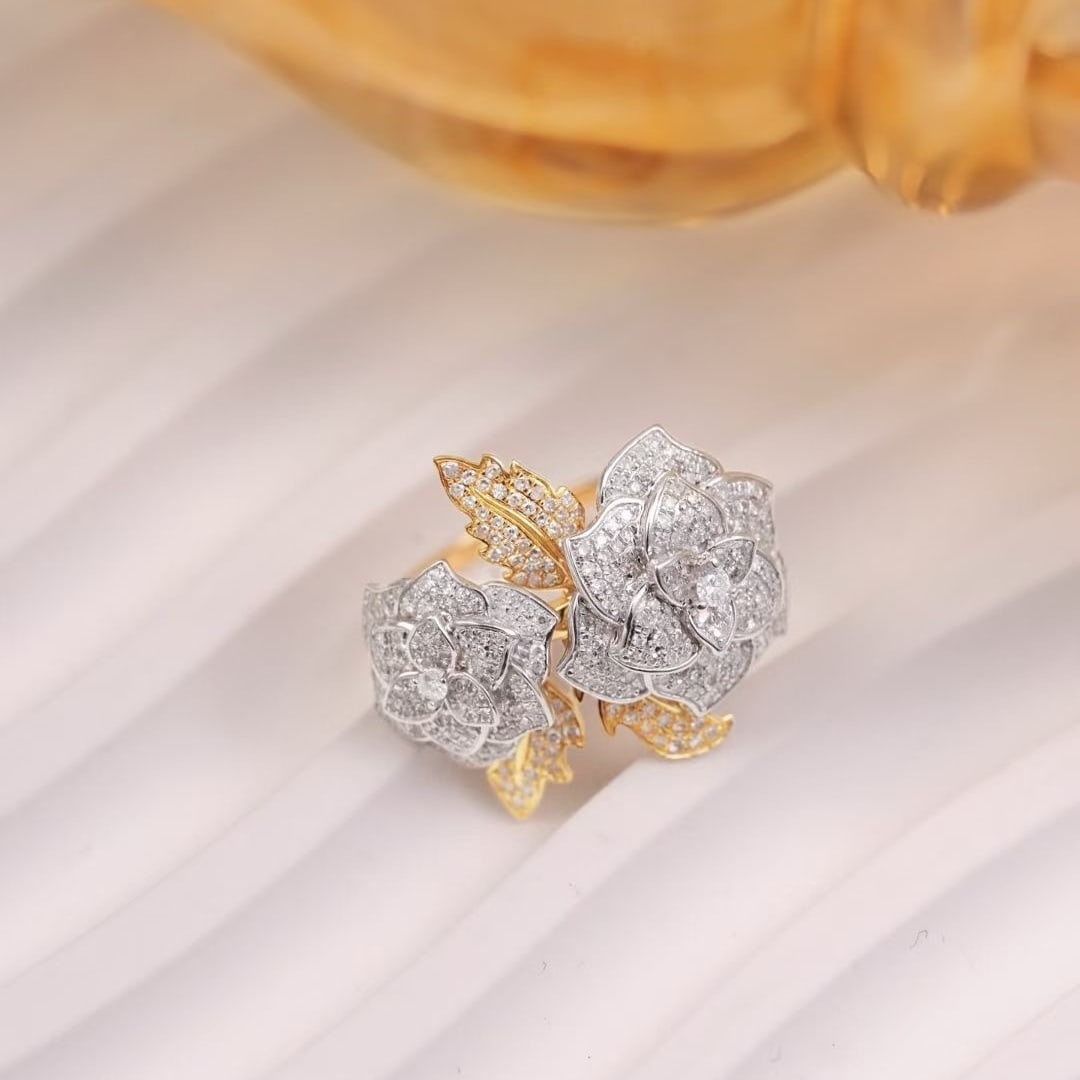 14k Gold 0.85 Ct Natural H Diamond & Flowers Ring - 2